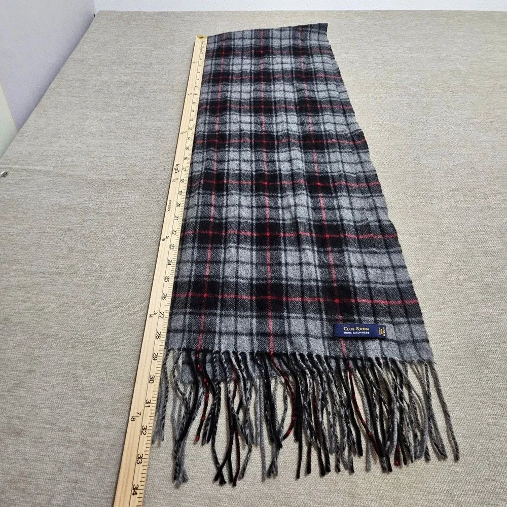Club Room Scarf Grey Black Red Plaid 100% Cashmere Fringe Trim Classic Luxury